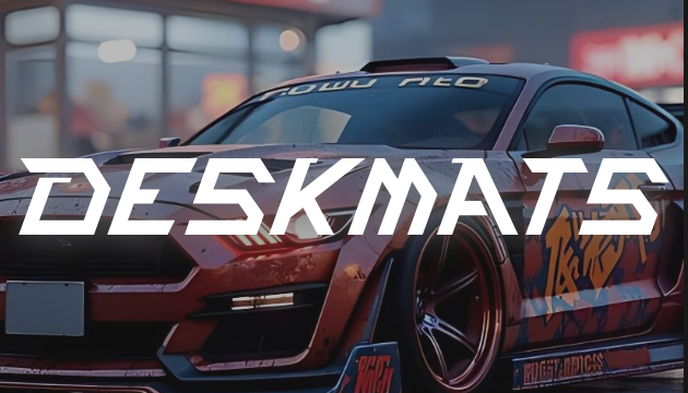 Anime-inspired sports car with 'DESKMATS' text overlay, promoting gaming desk mats