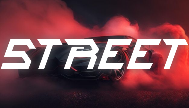 Sleek sports car in red smoke with bold 'STREET' text, themed for gaming and anime fans.