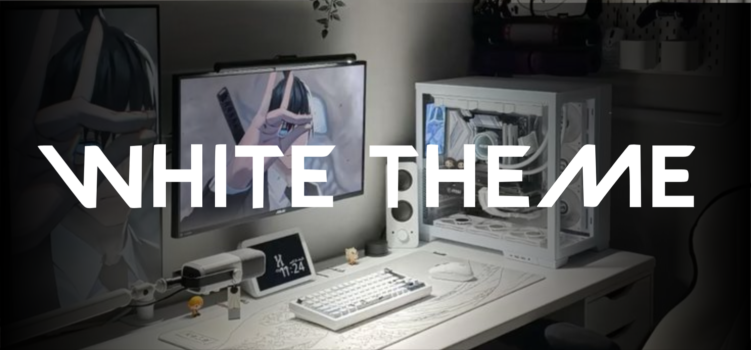 White theme anime gaming desk setup with white PC, keyboard, anime desk mat, and decor