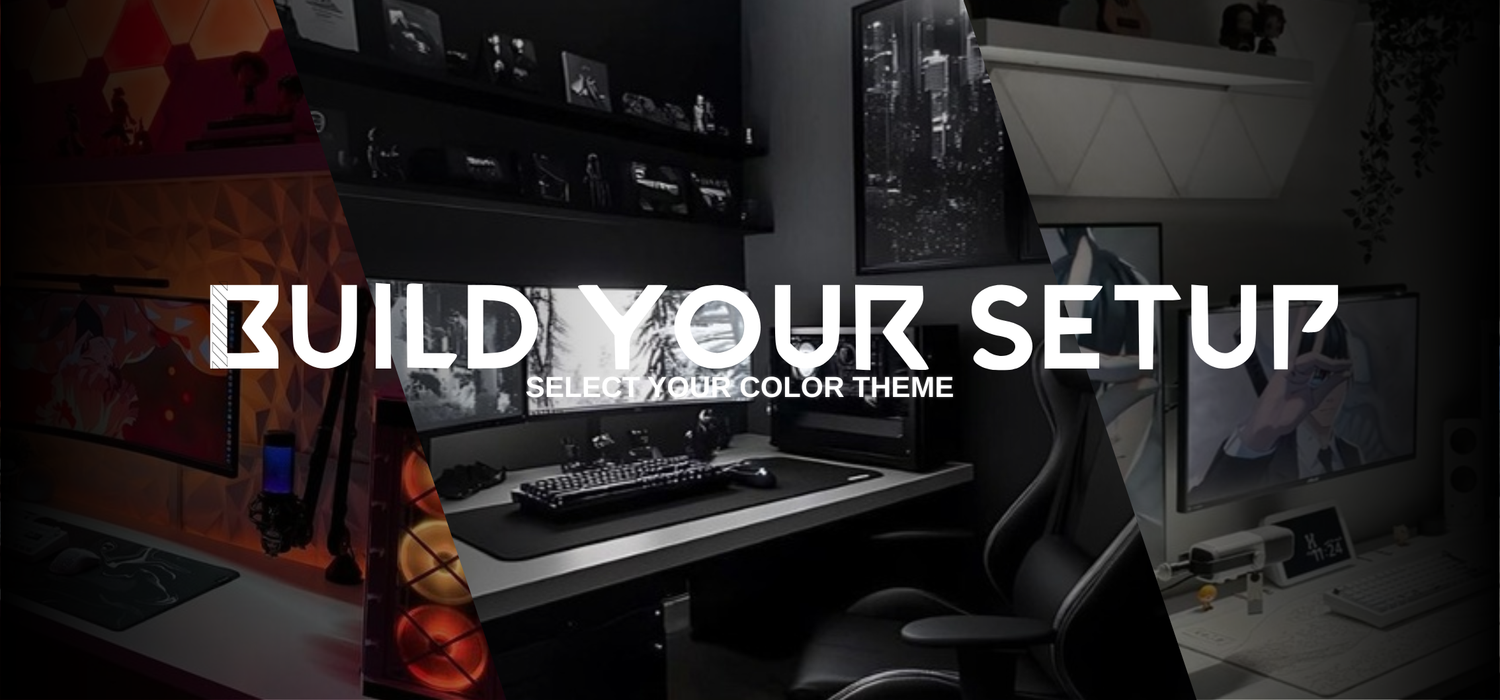 Anime gaming desk setups with RGB lighting, premium desk mats, and metal posters by Nevraa