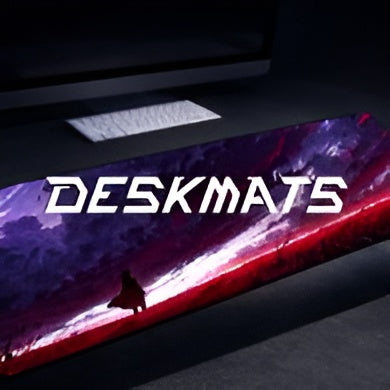 Premium anime desk mat with bold 'DESKMATS' text, gaming setup, colorful artwork, Nevraa