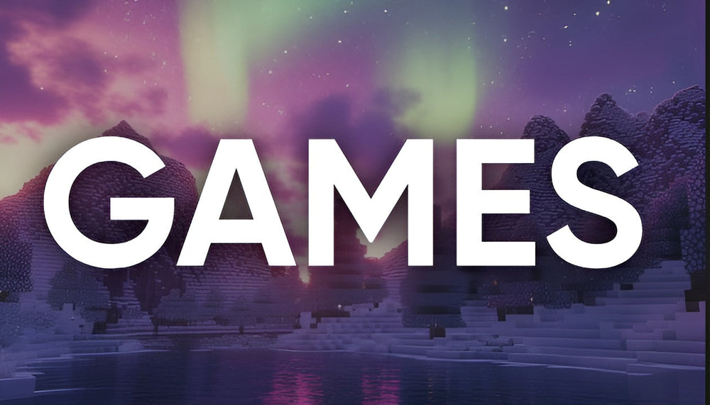 Pixel art winter landscape with aurora, mountains, and large 'GAMES' text for gaming setup