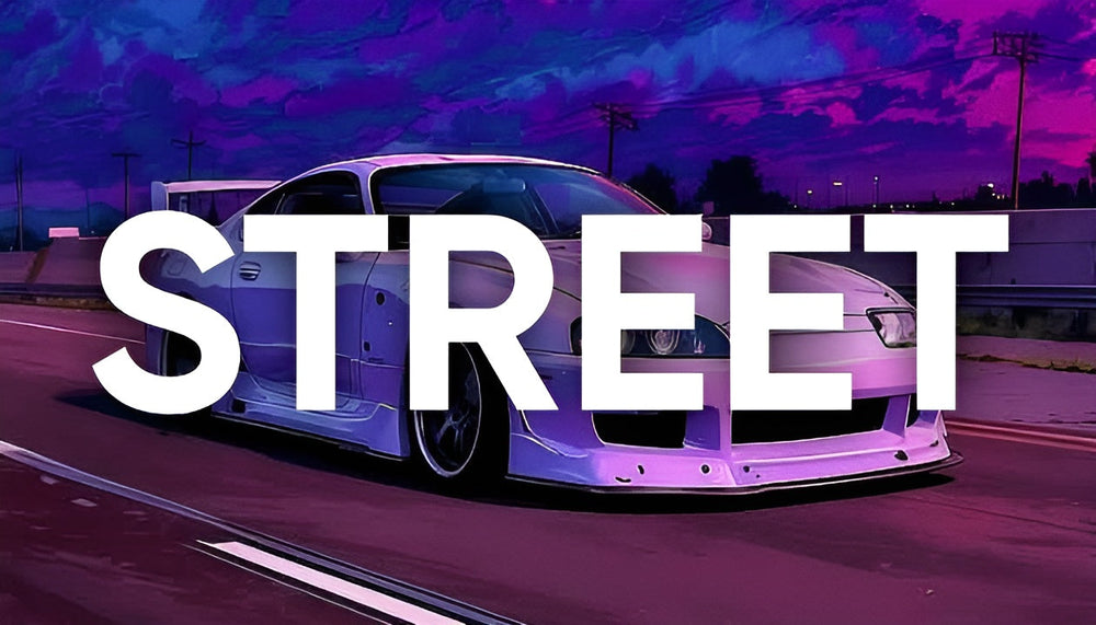 Futuristic car at night with city lights, purple tones, 'RIDE' text overlay, Nevraa gaming theme