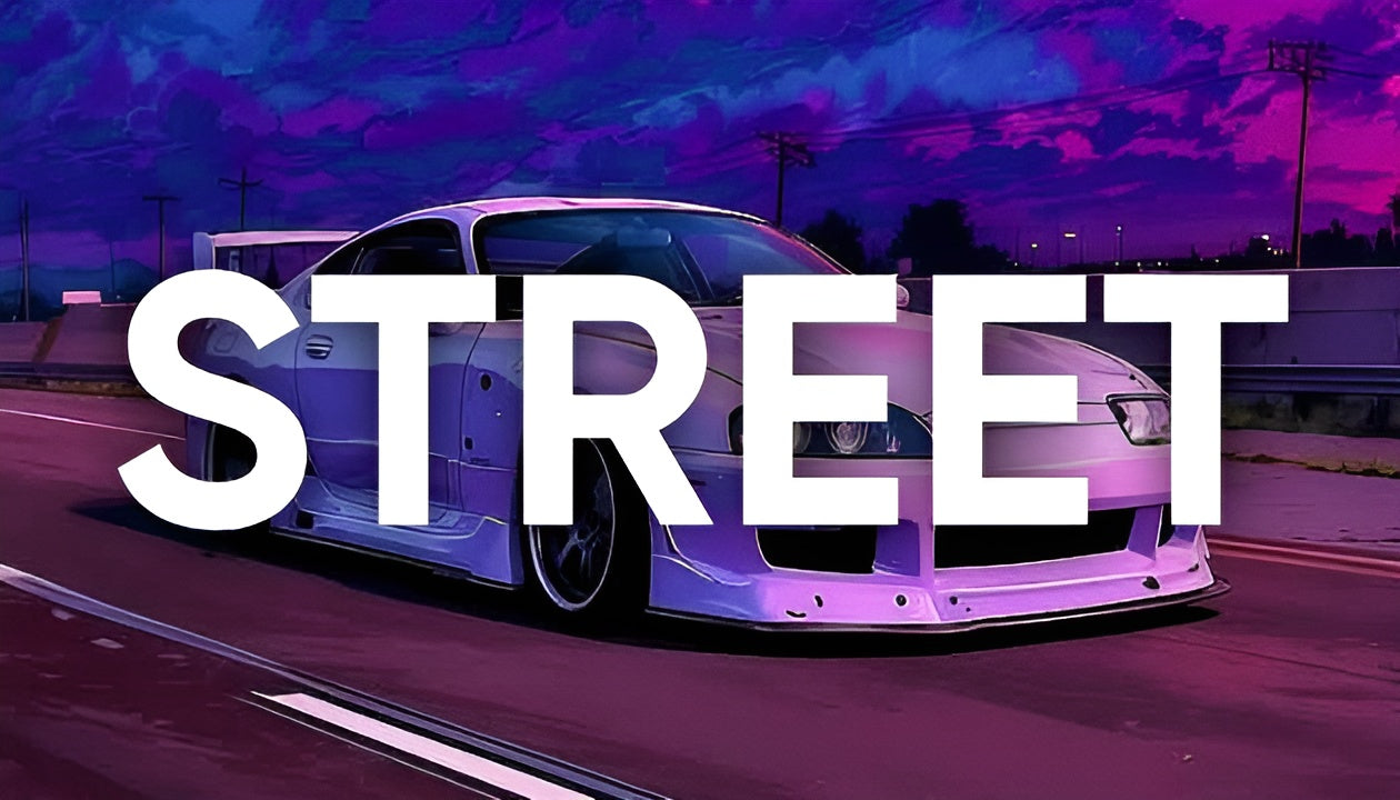 Futuristic car at night with city lights, purple tones, 'RIDE' text overlay, Nevraa gaming theme