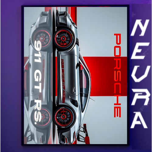 Modern Porsche 911 GT RS poster with bold red accents and sleek car design, Nevraa branding