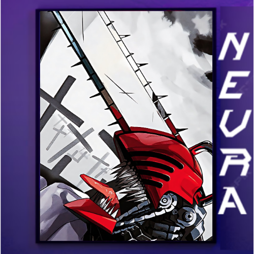 Anime desk mat featuring a red chainsaw-headed character with Nevraa branding, stylish design