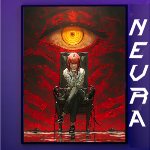 Anime character sitting on throne with red eye in background, NEVRAA branding, gaming decor