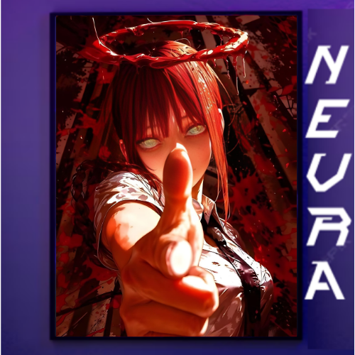 Anime-themed Nevraa magnetic metal poster featuring a red-haired character with glowing eyes making a hand gesture, showcased on a purple background.