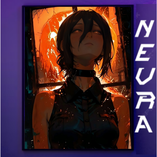 Anime desk mat featuring dark-haired character with fiery background, NEVRAA branding, gaming decor