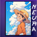 Anime-inspired desk mat poster with smiling character in straw hat, bold 'NEVRAA' text, vibrant clouds