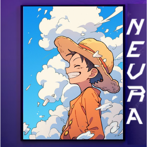 Anime-inspired desk mat poster with smiling character in straw hat, bold 'NEVRAA' text, vibrant clouds