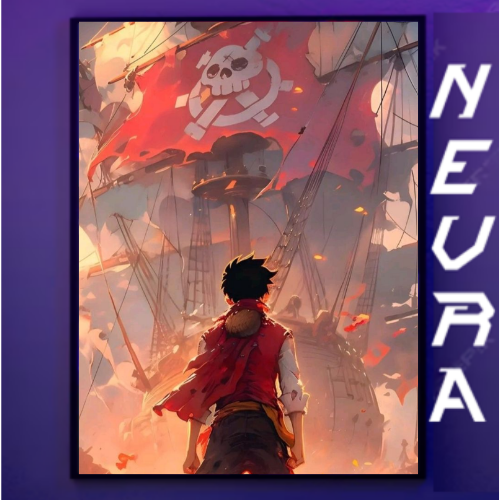 Anime-style pirate character facing red skull flag ship, Nevraa logo on violet background
