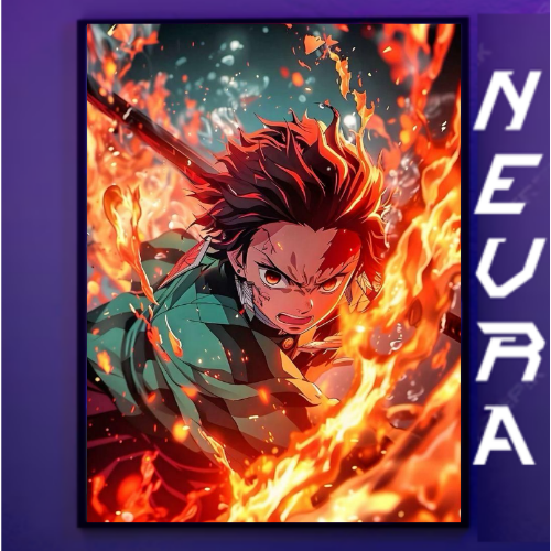 Dynamic anime poster of a fiery swordsman, Nevraa gaming decor, premium anime desk mat style