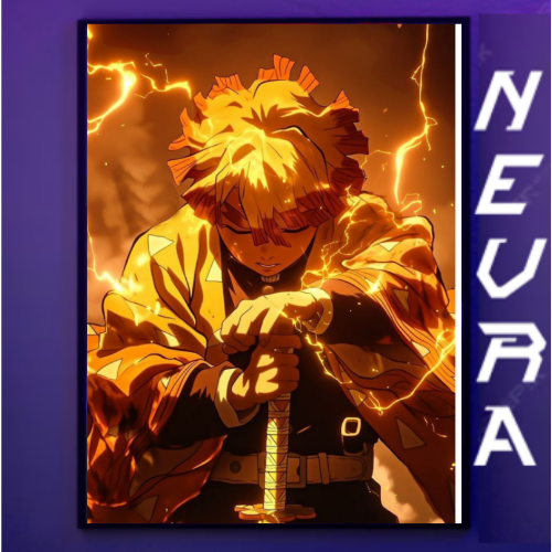 Anime-inspired metal poster featuring a lightning-powered warrior, Nevraa branding at side.