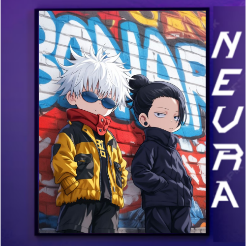 Anime desk mat design featuring two stylish chibi characters in front of graffiti art, Nevraa branding
