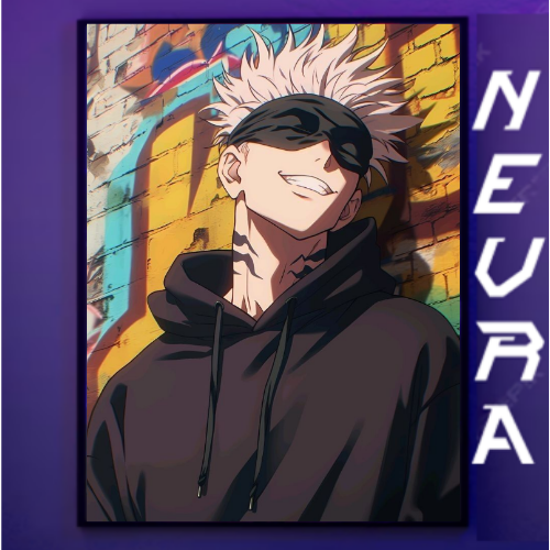 Anime character with spiky white hair and eye mask on graffiti background, NEVRAA branding