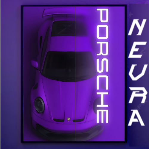 Purple Porsche sports car art poster with bold PORSCHE lettering, NEVRAA branding on side.