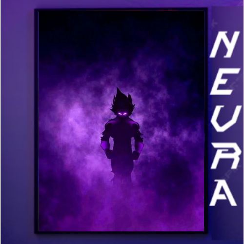 Anime-inspired poster with dark silhouette and glowing eyes, purple aura, Nevraa branding
