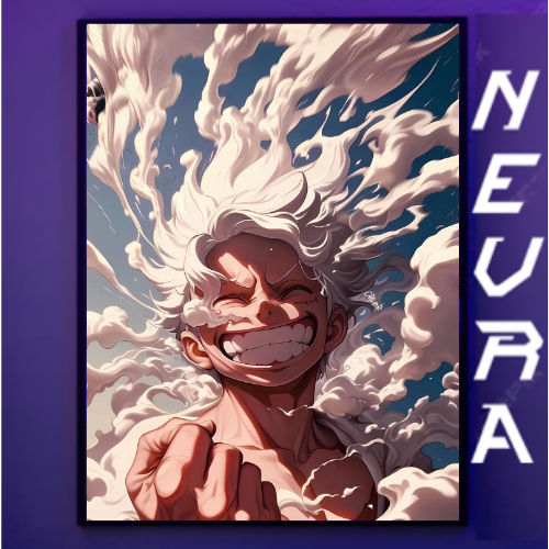 Anime-inspired Nevraa poster with dynamic smiling white-haired character and cloud effects