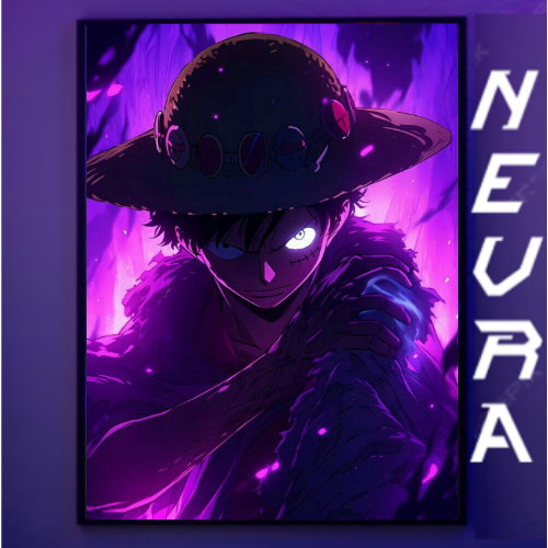 Anime poster with straw hat character, glowing purple aura, Nevraa gaming decor branding