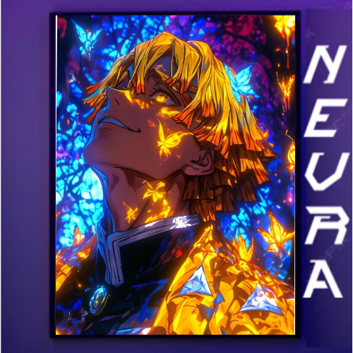 Anime wall art featuring a blond male character with glowing butterflies and NEVRAA branding