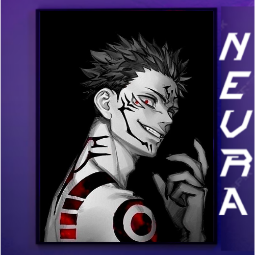 Anime-themed desk mat design with black and white character art, red accents, and NEVRAA branding