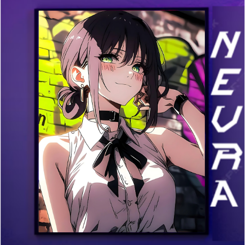 Anime girl wall art with green eyes and bow tie, Nevraa store branding, gaming room decor