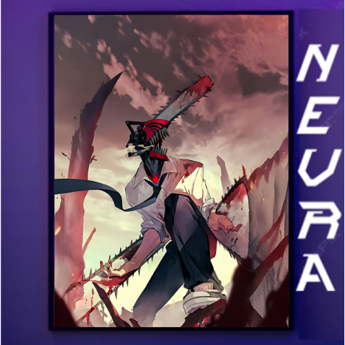 Anime-inspired metal poster featuring chainsaw-headed character on Nevraa gaming setup background