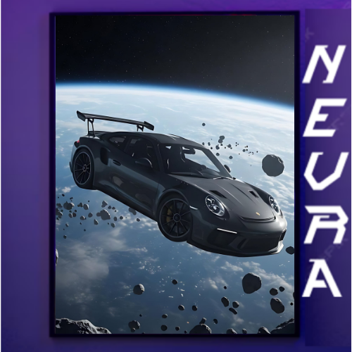 Black sports car drifting through space with asteroids, Nevraa logo on purple background.