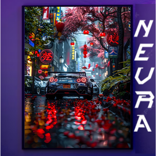 Anime-inspired Nevraa metal poster featuring a sports car in a neon-lit city street