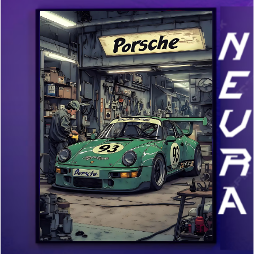 Green Porsche race car in a garage, anime-style poster, Nevraa gaming decor