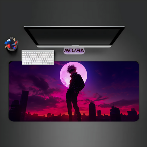 Nevraa anime desk mat with silhouette character and purple sunset cityscape, premium gaming setup