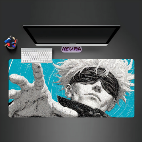 Nevraa anime desk mat with bold character design, gaming setup, keyboard, and mouse on desk