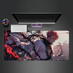 Anime gaming desk mat with dynamic character art on modern computer setup, Nevraa brand