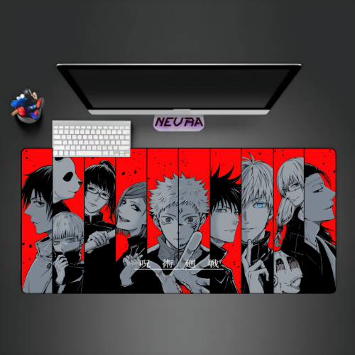 Anime desk mat with black and white character art on red, gaming keyboard, and NEVRAA setup.