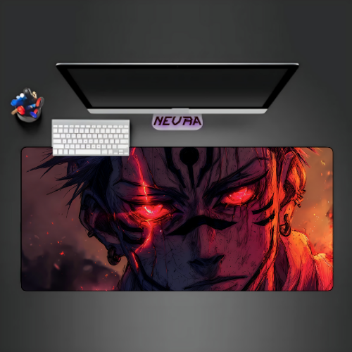 Gaming desk setup with anime desk mat featuring intense character art, keyboard, and monitor, branded Nevraa.