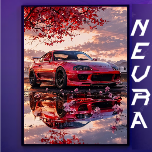 Anime-style red sports car art with cherry blossoms and Nevraa branding, gaming decor