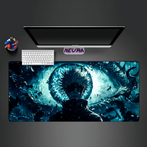 Premium anime desk mat with blue and black design on a gaming setup, Nevraa branding visible.
