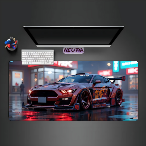 Nevraa anime gaming desk mat featuring a custom sports car in city lights, setup with keyboard and mouse.