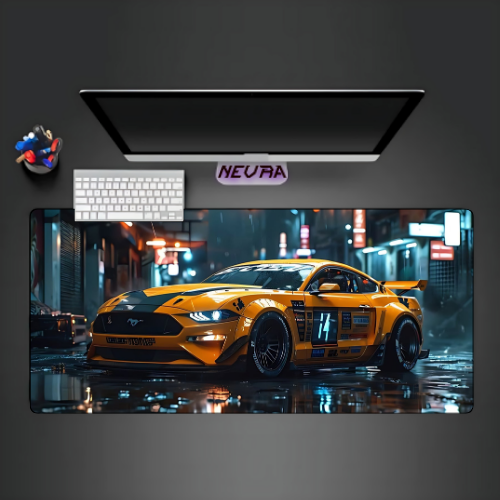 Nevraa anime gaming desk mat featuring yellow sports car, premium setup for gamers