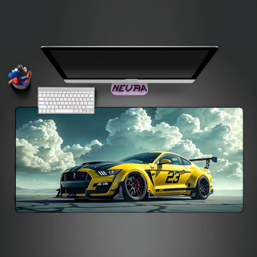 Nevraa gaming desk setup with premium anime desk mat featuring a yellow race car design
