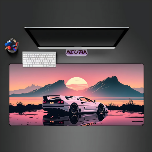 Nevraa anime desk mat featuring a white sports car at sunset with mountain scenery, ideal for gaming setups.