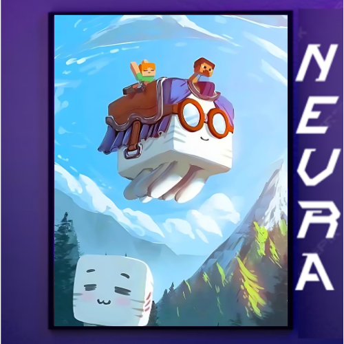 Anime desk mat design with cute, flying cube characters, mountain background, and Nevraa branding