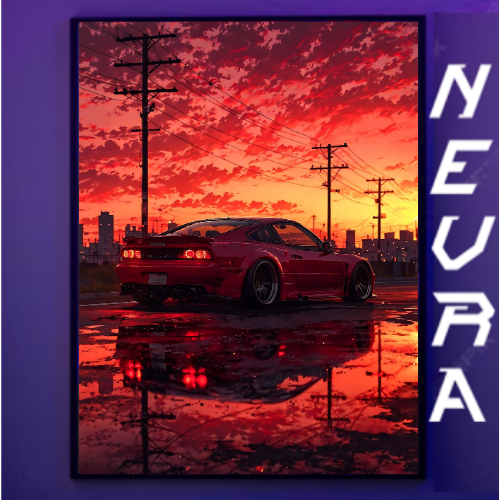 Anime-inspired metal poster with a red sports car at sunset, NEVRAA branding on the side