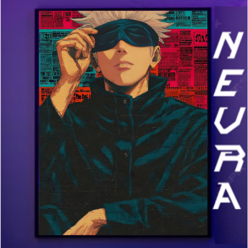 Anime-inspired metal poster with character in blindfold, modern Nevraa branding, gaming decor