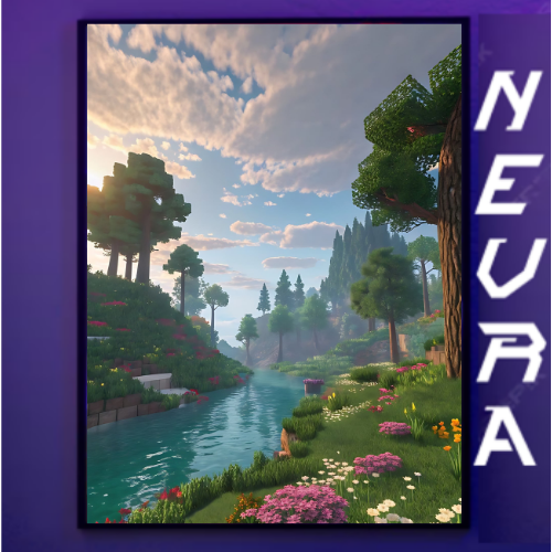 Nevraa anime gaming desk mat poster with scenic river, trees, clouds, and bold white branding
