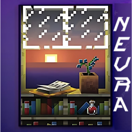 Pixel art anime poster with sunset, open book, potted plant, and NEVRAA branding, perfect for gaming setups.