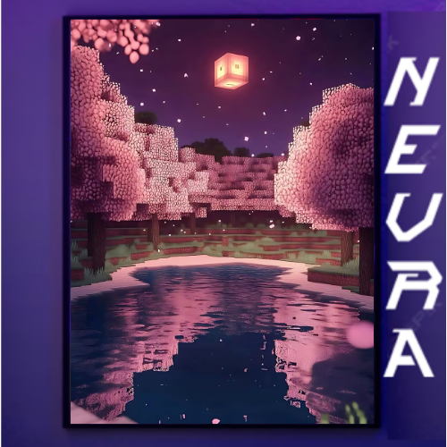 Nevraa anime gaming poster with pixel art sunset, cherry blossom trees, and reflective lake.