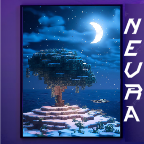 Anime-style gaming desk mat design with pixel art tree, crescent moon, and NEVRAA branding