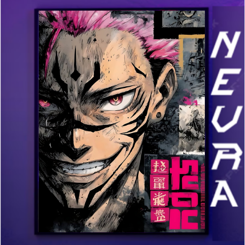 Anime character with pink hair and facial markings on a dark, grunge-style metal poster, Nevraa branding